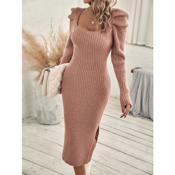 Scoop Neck Puff Sleeve Split Hem Sweater Dress Dusty Pink - Picture 1 of 6